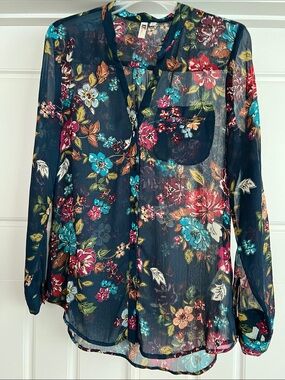 Kut from the Kloth Navy Sheer Floral Button-Up Blouse